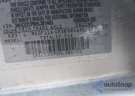 2017 Nissan Versa Note Sv z USA, uszkodzony, nr VIN 3N1CE2CP0HL381403